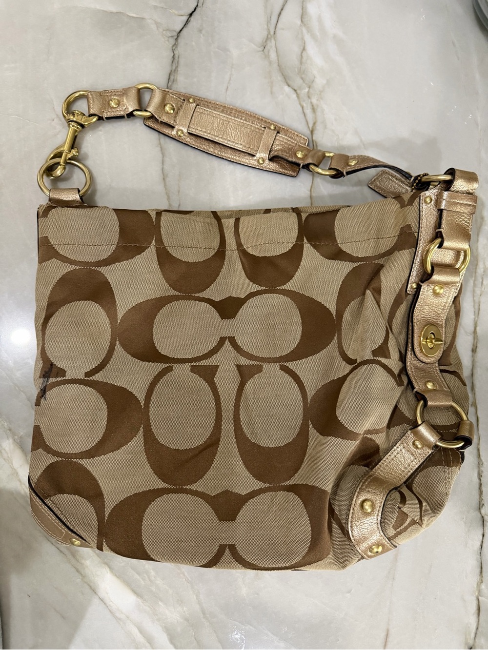Coach Signature Hobo in Tan and Brown with Metallic Trim